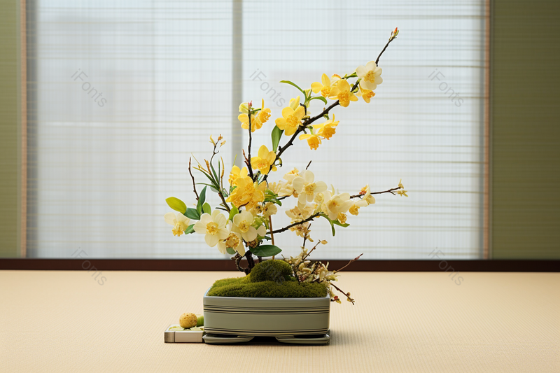 日式风格插花装饰摆件黄色花朵静物,高清,摄影图,摄影图片,图片大全,摄影图免费下载